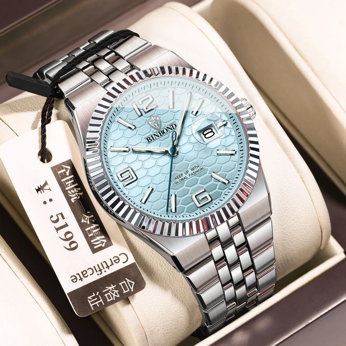 Binbond V0057 Men's Watch Brand Authentic blue Business Steel Belt Calendar Night Light Waterproof Male Fashion Quartz Clock Wristwatches-