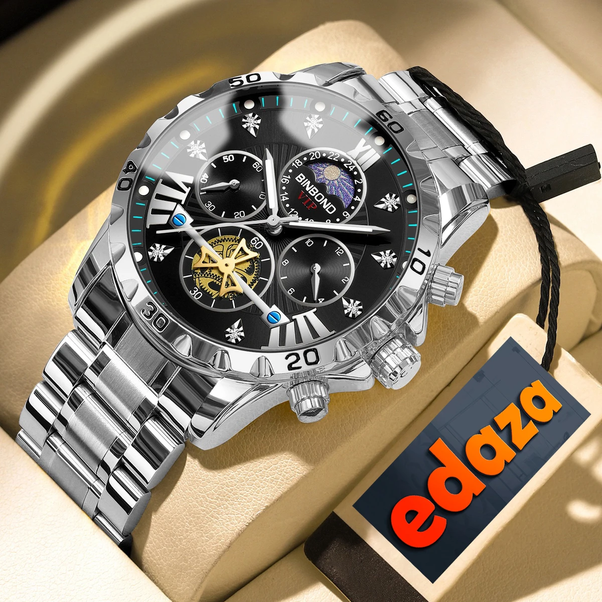 BINBOND W177 Top Brand Men Watch High end Authentic Business Night Light Waterproof Flywheel Gold Steel Belt Male Fashion Quartz Wristwatch-  Silver & Black