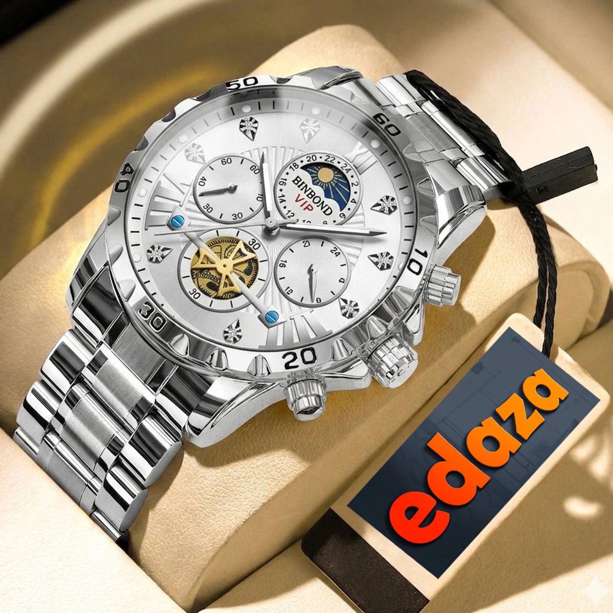 BINBOND W177 Top Brand Men Watch High end Authentic Business Night Light Waterproof Flywheel Gold Steel Belt Male Fashion Quartz Wristwatch- Silver
