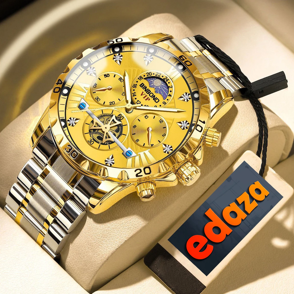 BINBOND W177 Top Brand Men Watch High end Authentic Business Night Light Waterproof Flywheel Gold Steel Belt Male Fashion Quartz Wristwatch-  Golden