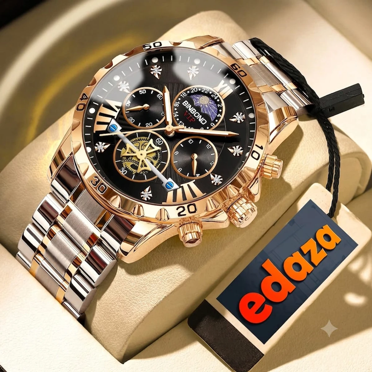 BINBOND W177 Top Brand Men Watch High end Authentic Business Night Light Waterproof Flywheel Gold Steel Belt Male Fashion Quartz Wristwatch- Golden & Black