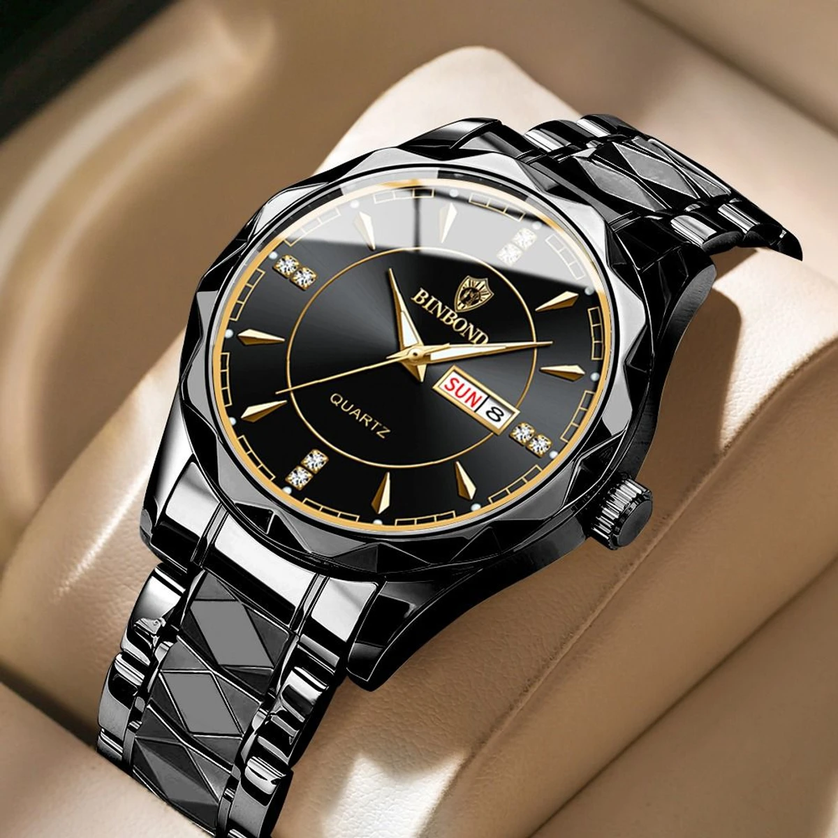 Binbond Luxury Men Watches Business Top Brand Man Wristwatch Waterproof Luminous Date Week Quartz Men's Watch High Quality+Box- Black