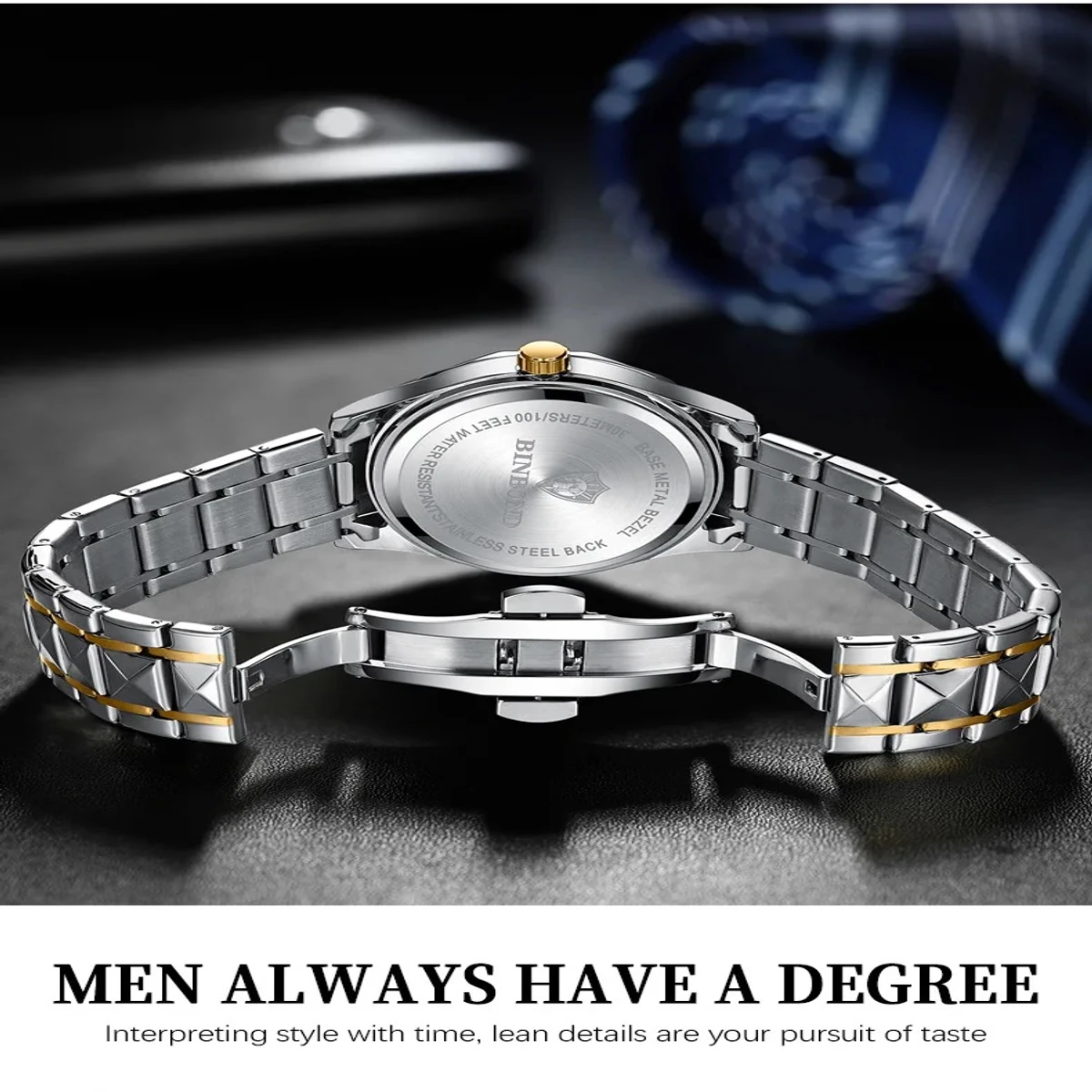 Binbond Luxury Men Watches Business Top Brand Man Wristwatch Waterproof Luminous Date Week Quartz Men's Watch High Quality+Box- Golden