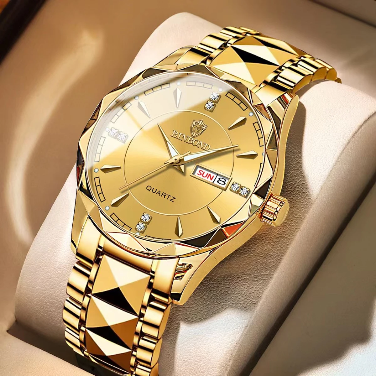 Binbond Luxury Men Watches Business Top Brand Man Wristwatch Waterproof Luminous Date Week Quartz Men's Watch High Quality+Box- Golden