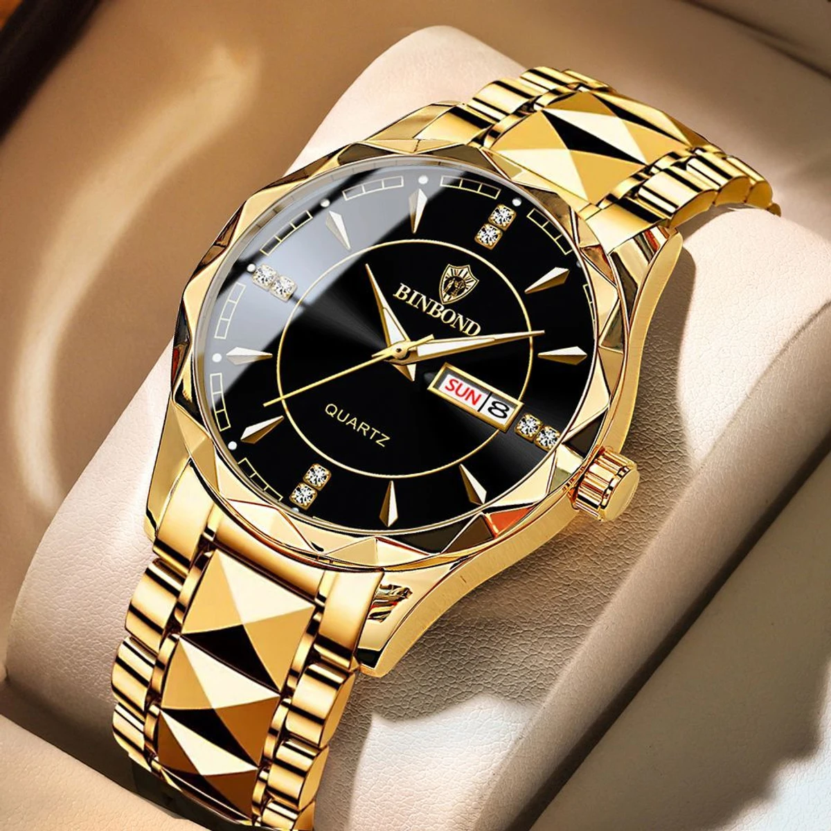 Binbond Luxury Men Watches Business Top Brand Man Wristwatch Waterproof Luminous Date Week Quartz Men's Watch High Quality+Box- Black & Golden