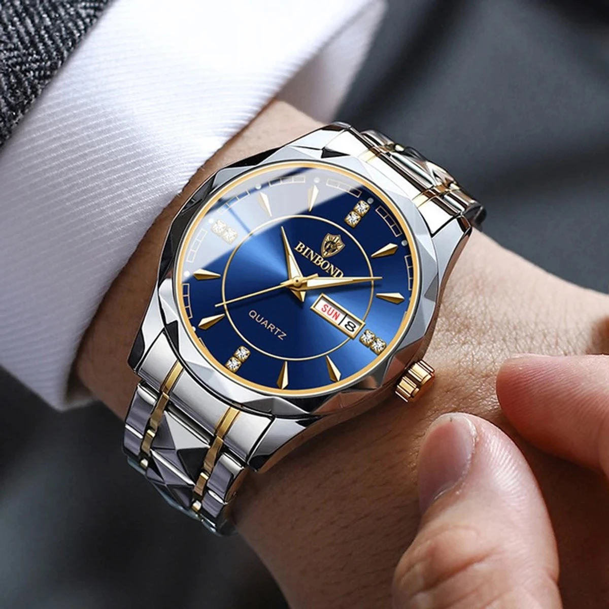 Binbond Luxury Men Watches Business Top Brand Man Wristwatch Waterproof Luminous Date Week Quartz Men's Watch High Quality+Box- Blue