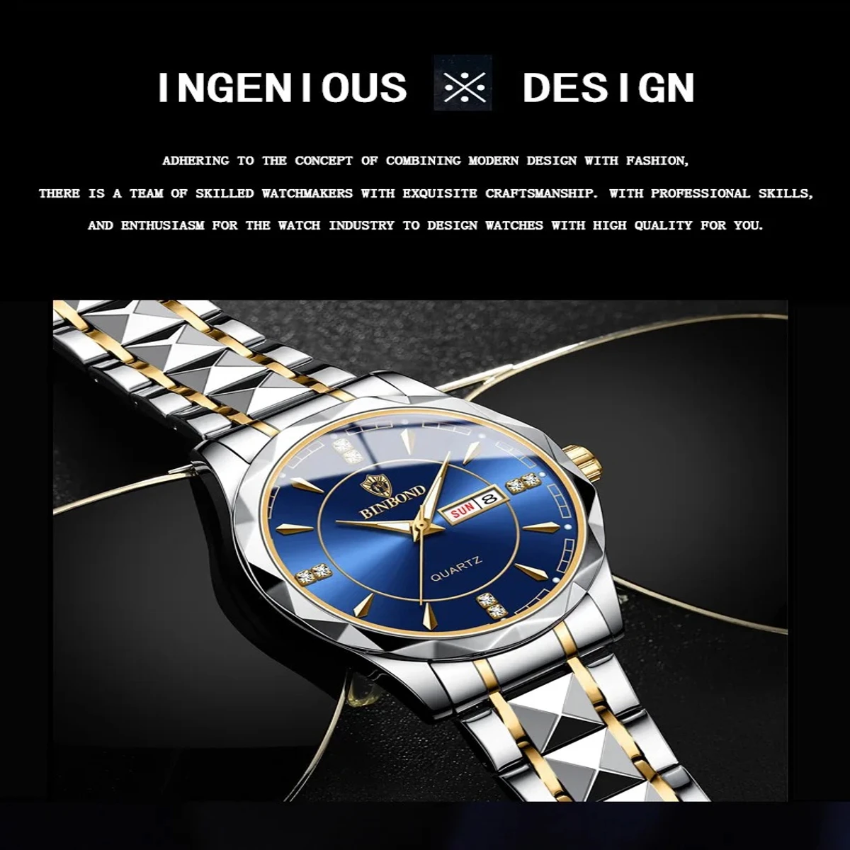 Binbond Luxury Men Watches Business Top Brand Man Wristwatch Waterproof Luminous Date Week Quartz Men's Watch High Quality+Box- Blue