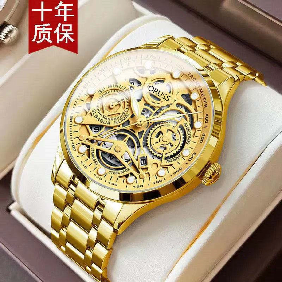 100% Original Fashion Luxury Stainless Business Waterproof Gold Watch For Men Hollow Quartz Luminous Calendar- Golden