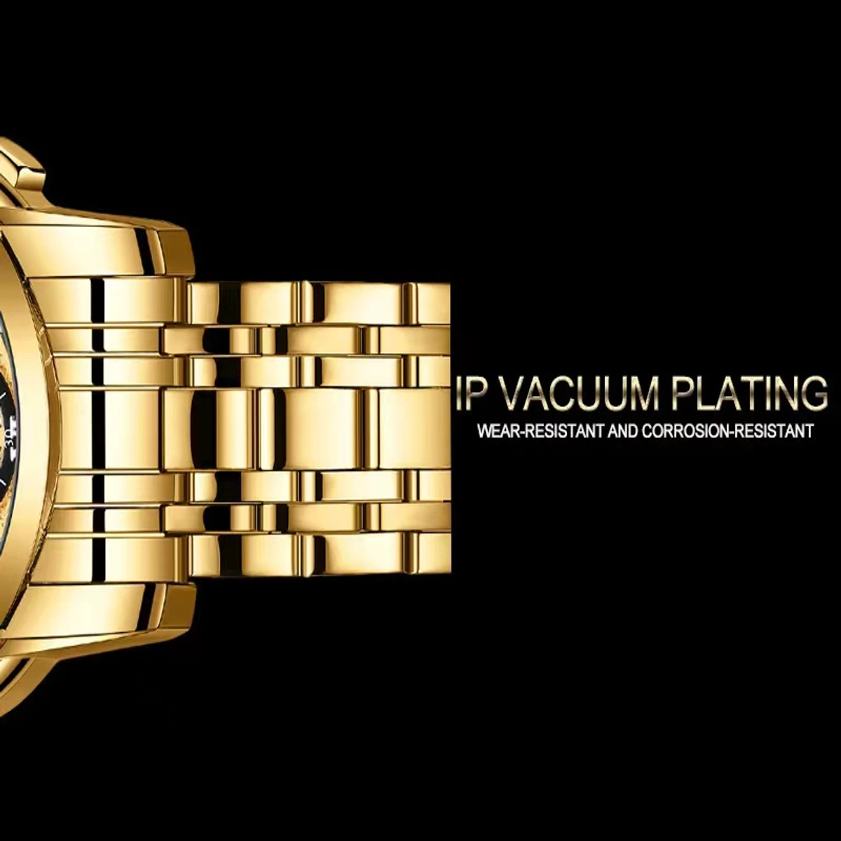 100% Original Fashion Luxury Stainless Business Waterproof Gold Watch For Men Hollow Quartz Luminous Calendar- Golden & Black
