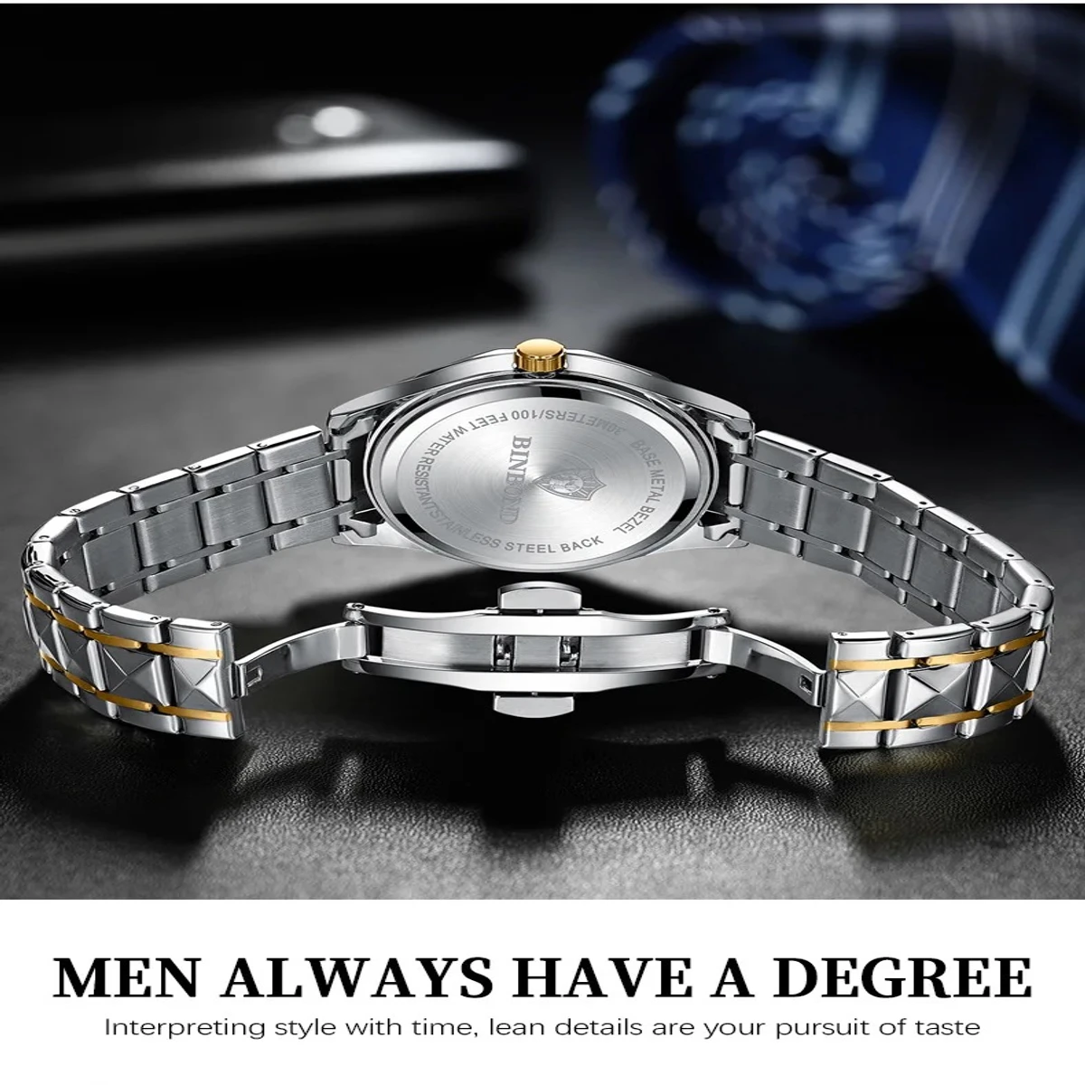 Luxury Binbond authentic men's watch waterproof night light dual calendar watch men's quartz watch diamond ceiling glass- Blue.