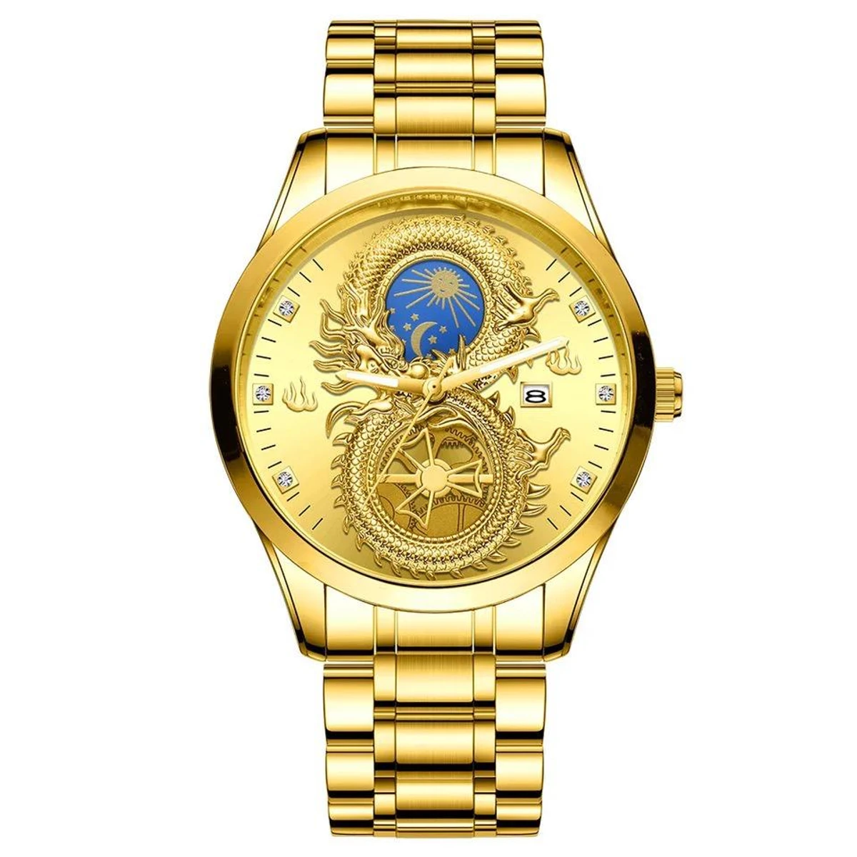 Top Men Watch Quartz Watches Luminous hands Water Resistant Moon Sport Calendar Dragon Luxury Business mens Wristwatches- Golden