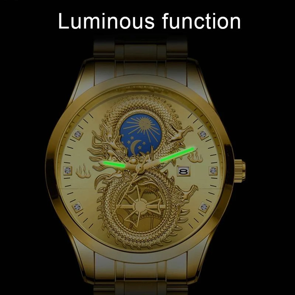 Top Men Watch Quartz Watches Luminous hands Water Resistant Moon Sport Calendar Dragon Luxury Business mens Wristwatches- Golden & Black