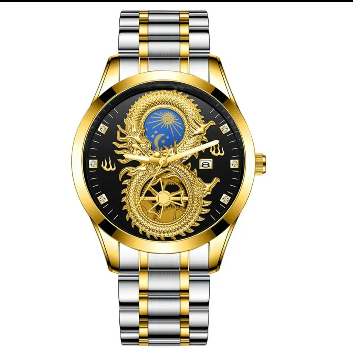 Top Men Watch Quartz Watches Luminous hands Water Resistant Moon Sport Calendar Dragon Luxury Business mens Wristwatches- Silver & Black
