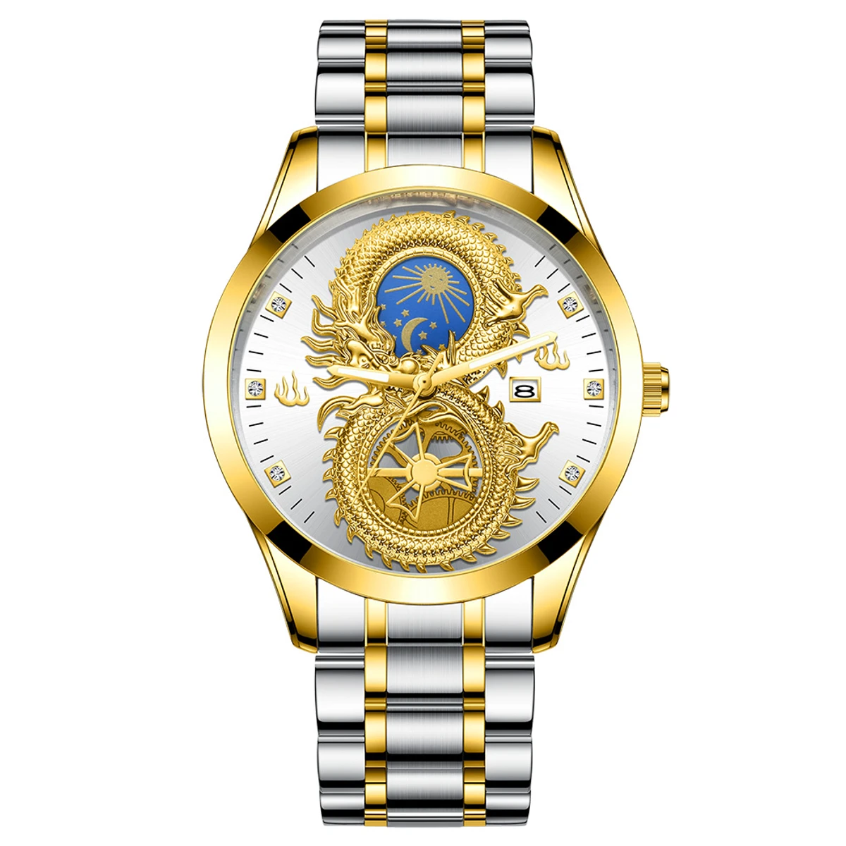 Top Men Watch Quartz Watches Luminous hands Water Resistant Moon Sport Calendar Dragon Luxury Business mens Wristwatches- Silver & Golden