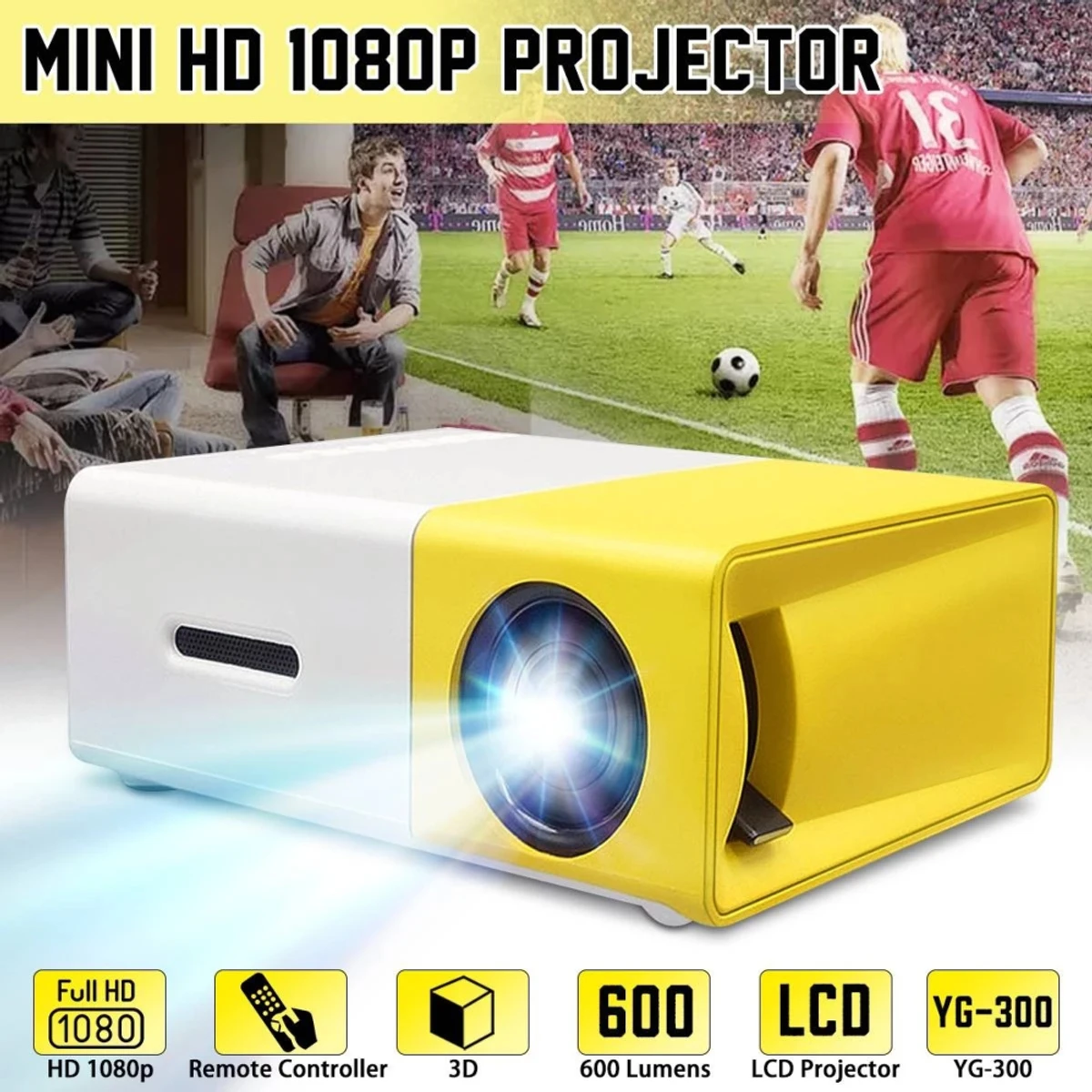 YG300 Yellow Mini LCD Projector 400-600 Lumens 320 X 240 Pixels HD Video 3.5mm Audio Interface Home Projector Media Player