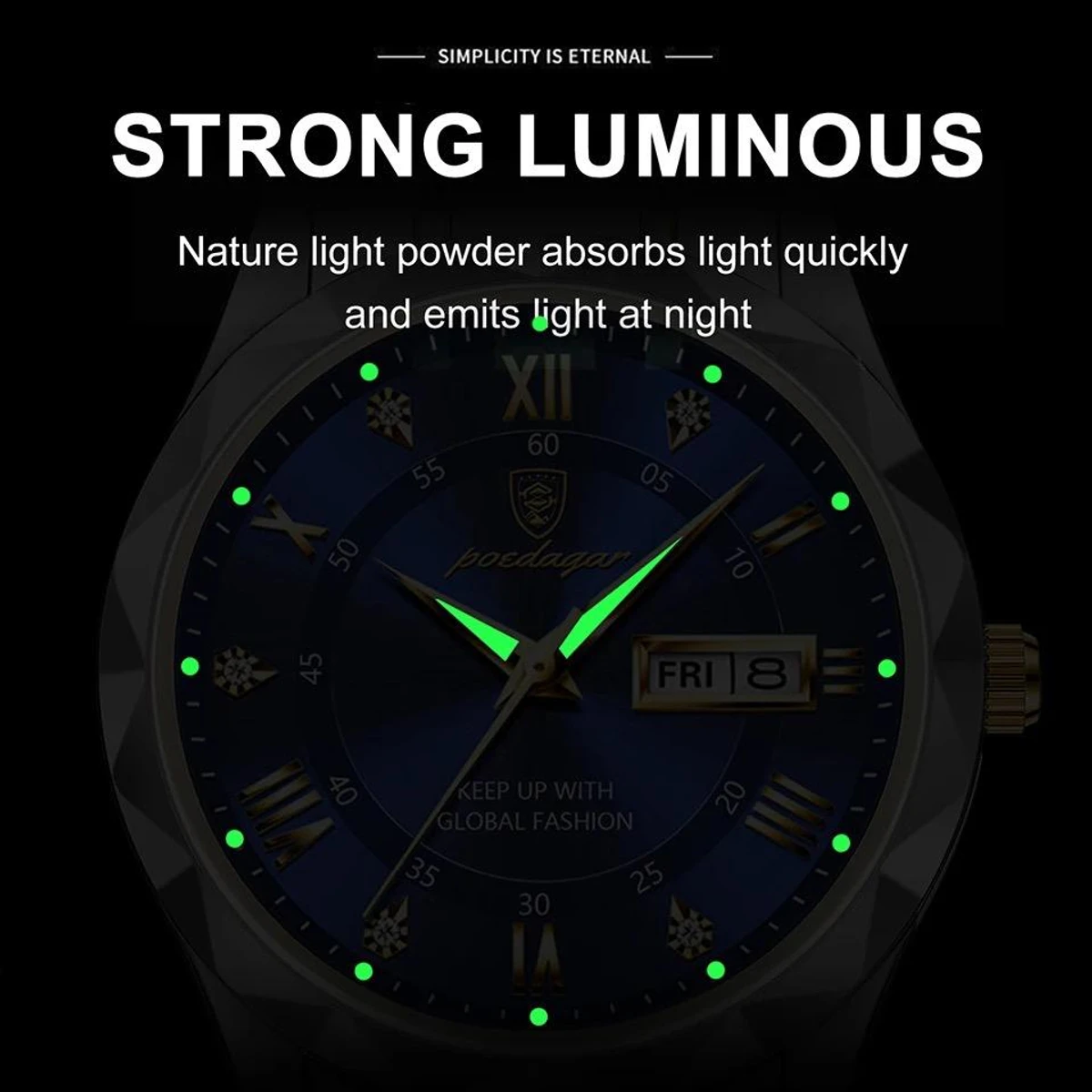 POEDAGAR Brand Fashion Mens Watch Luxury Top Business Stainless Steel Waterproof Wristwatches Male Sport Luminous Date Man Clock- Blue