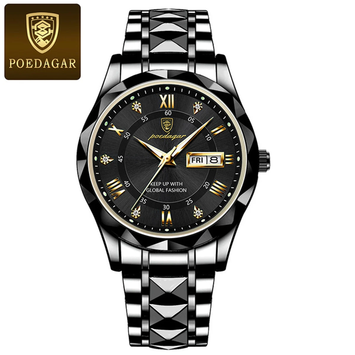 POEDAGAR Brand Fashion Mens Watch Luxury Top Business Stainless Steel Waterproof Wristwatches Male Sport Luminous Date Man Clock- Black
