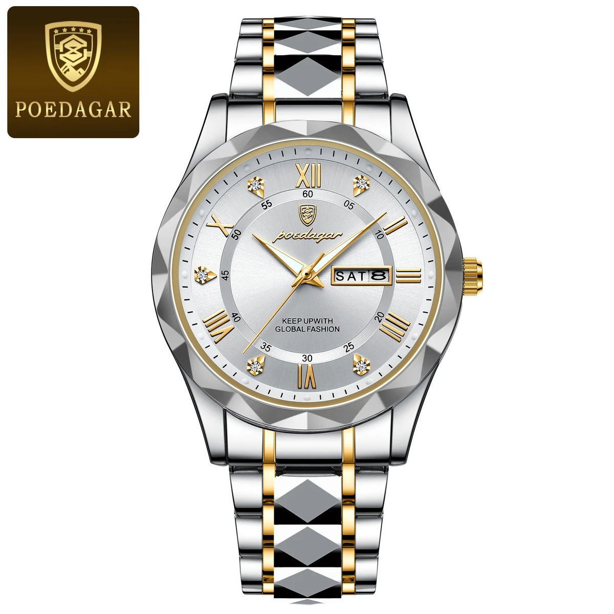 POEDAGAR Brand Fashion Mens Watch Luxury Top Business Stainless Steel Waterproof Wristwatches Male Sport Luminous Date Man Clock- White