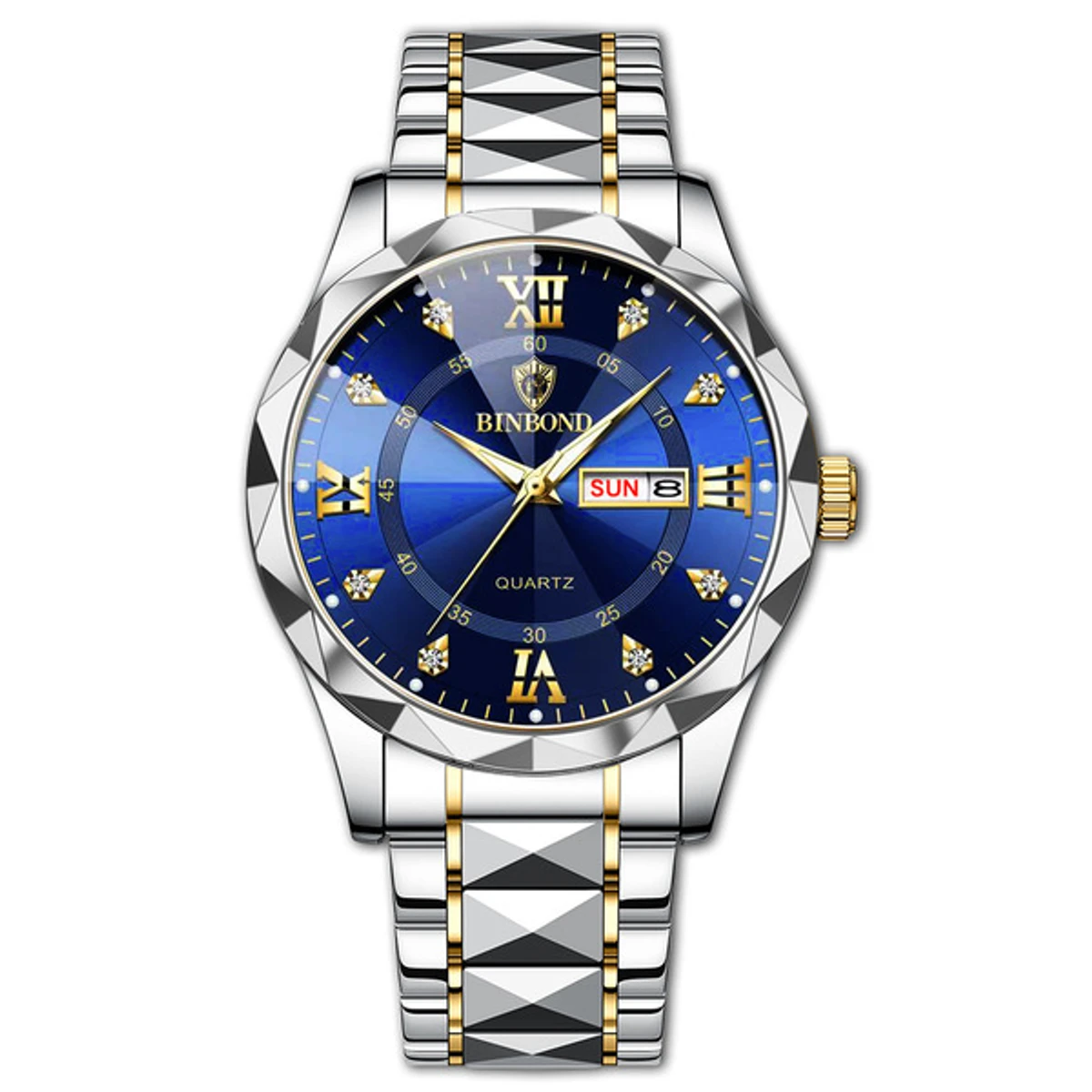 Luxury Binbond authentic men's watch waterproof night light dual calendar watch men's quartz watch diamond ceiling glass- Blue.