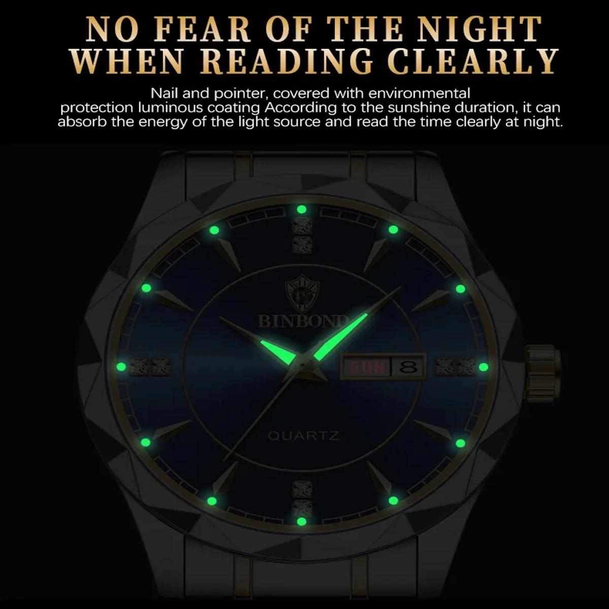 Luxury Binbond authentic men's watch waterproof night light dual calendar watch men's quartz watch diamond ceiling glass- Golden & Black