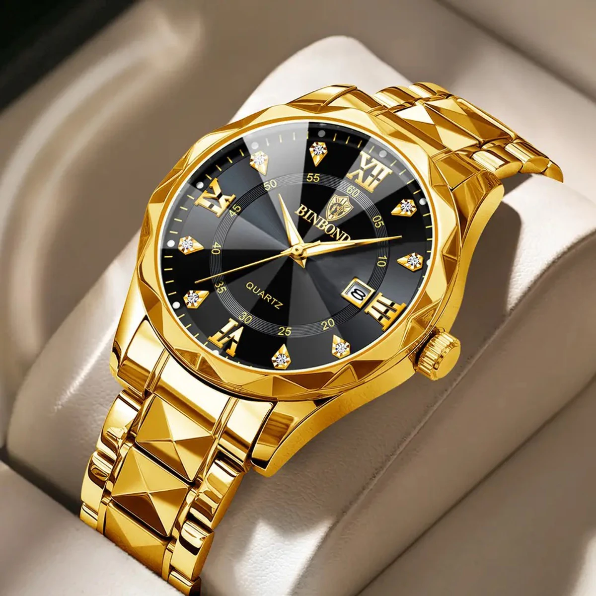 Luxury Binbond authentic men's watch waterproof night light dual calendar watch men's quartz watch diamond ceiling glass- Golden & Black