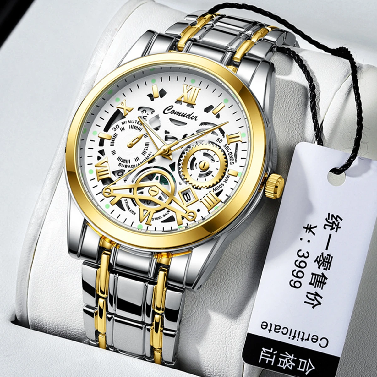 Luxury watch Men's calendar night light non -mechanical watch hollow business quartz watch- Golden & White