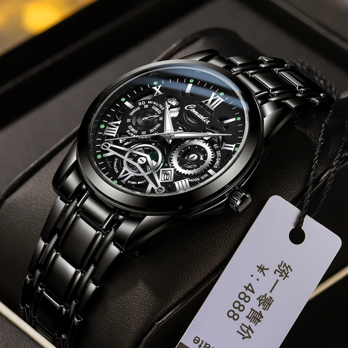 Luxury watch Men's calendar night light non -mechanical watch hollow business quartz watch- Black