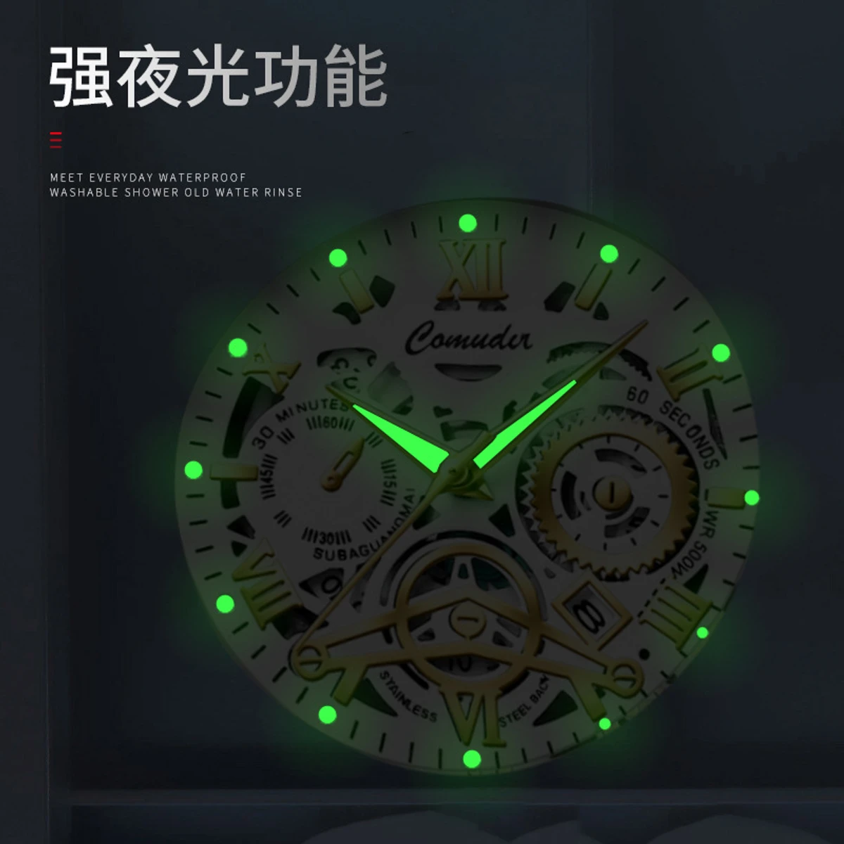 Luxury watch Men's calendar night light non -mechanical watch hollow business quartz watch- Black