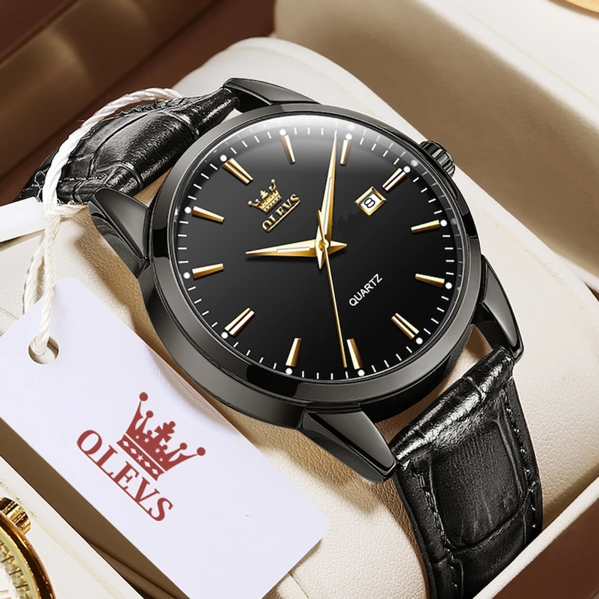 Olevs 6898 Brown PU Leather Analoge Wrist Watch For Men- Black