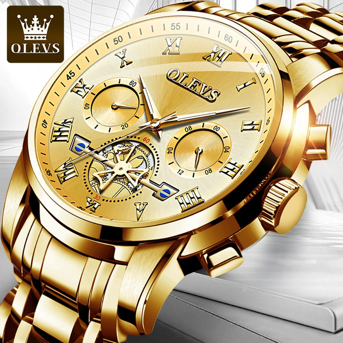 Olevs 2859 Stainless Steel premium quality waterproof Chronograph Watch-  Golden