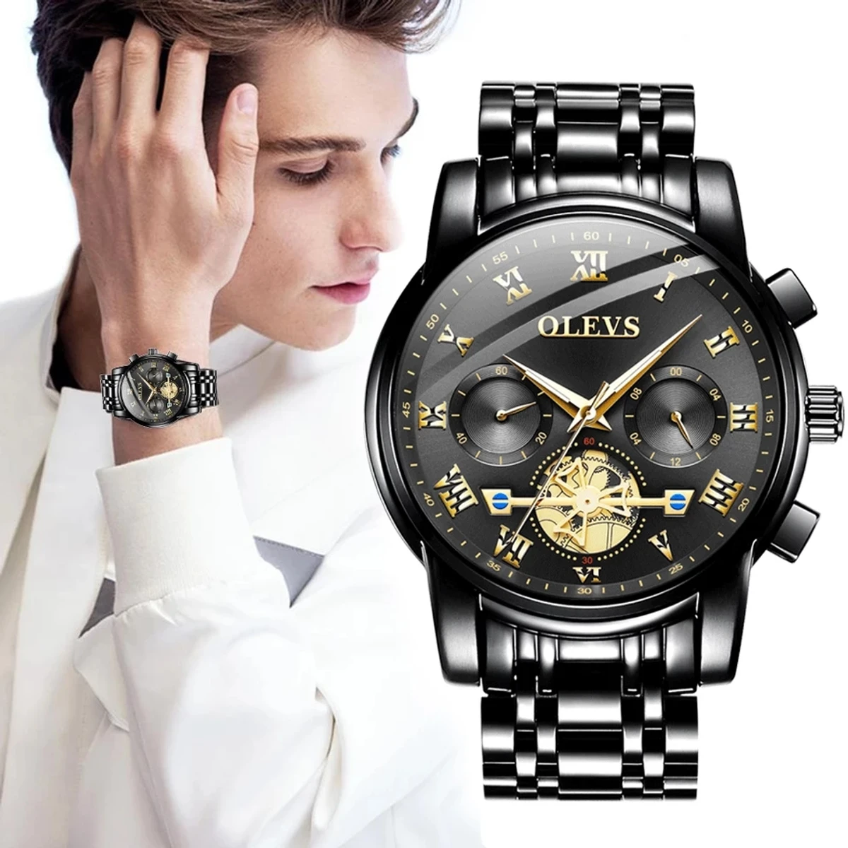 Olevs 2859 Stainless Steel premium quality waterproof Chronograph Watch- Black