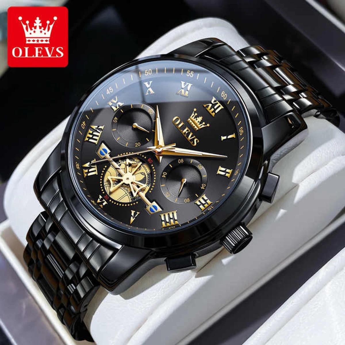 Olevs 2859 Stainless Steel premium quality waterproof Chronograph Watch- Black