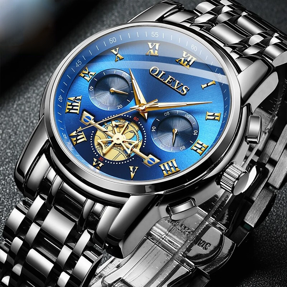 Olevs 2859 Stainless Steel premium quality waterproof Chronograph Watch- Blue & Black