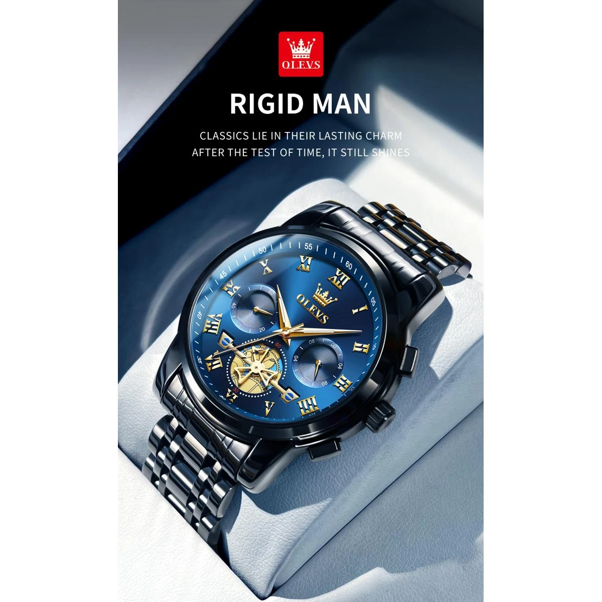 Olevs 2859 Stainless Steel premium quality waterproof Chronograph Watch- Blue & Black
