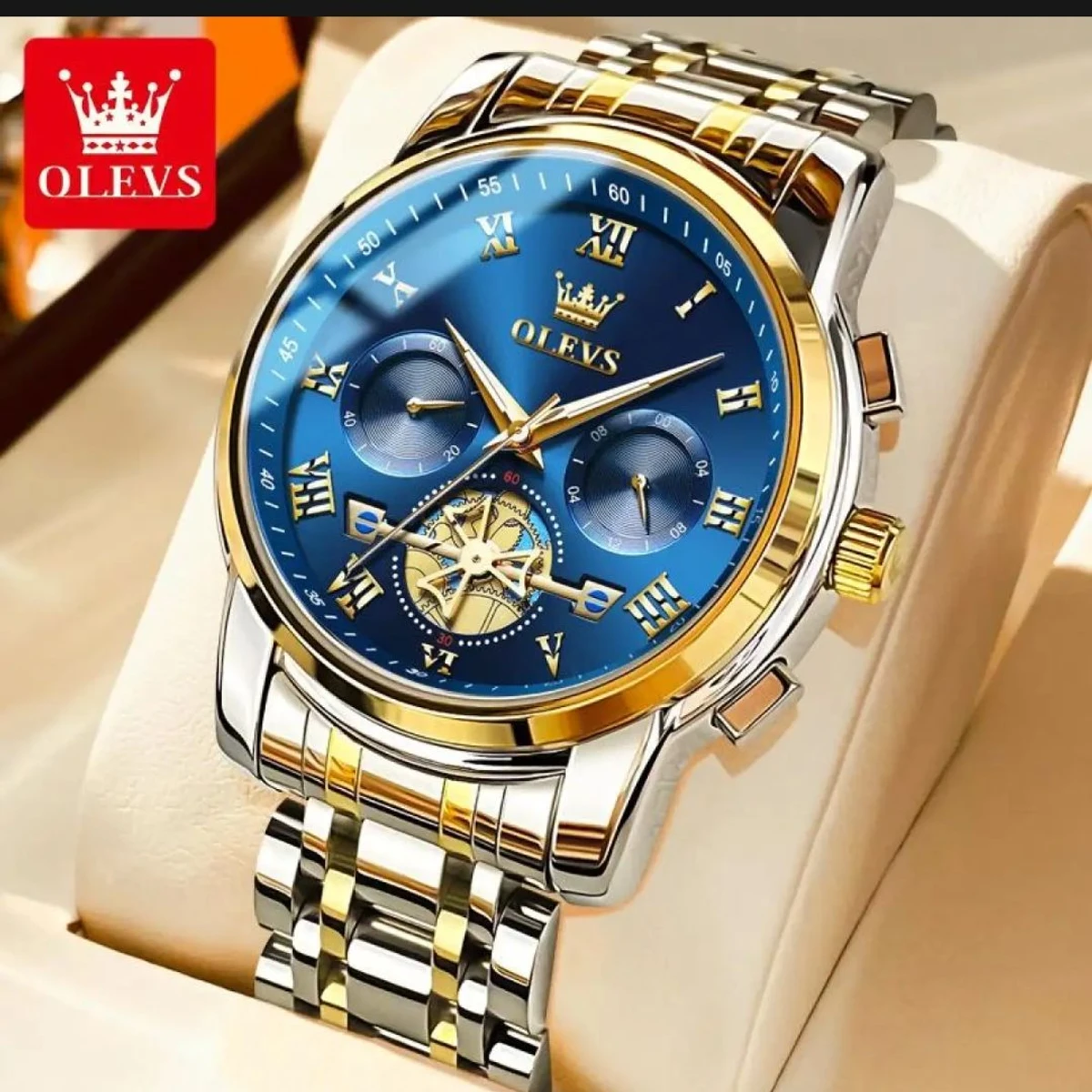 Olevs 2859 Stainless Steel premium quality waterproof Chronograph Watch- Silver & Blue