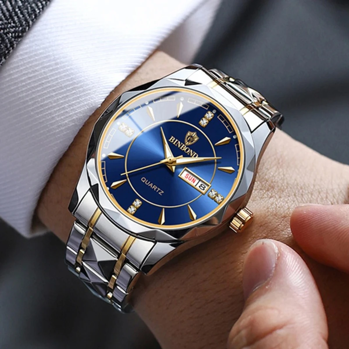 Luxury Binbond New Trendy Men's Watch Men's Waterproof Tungsten Steel Calendar Quartz Watch Popular