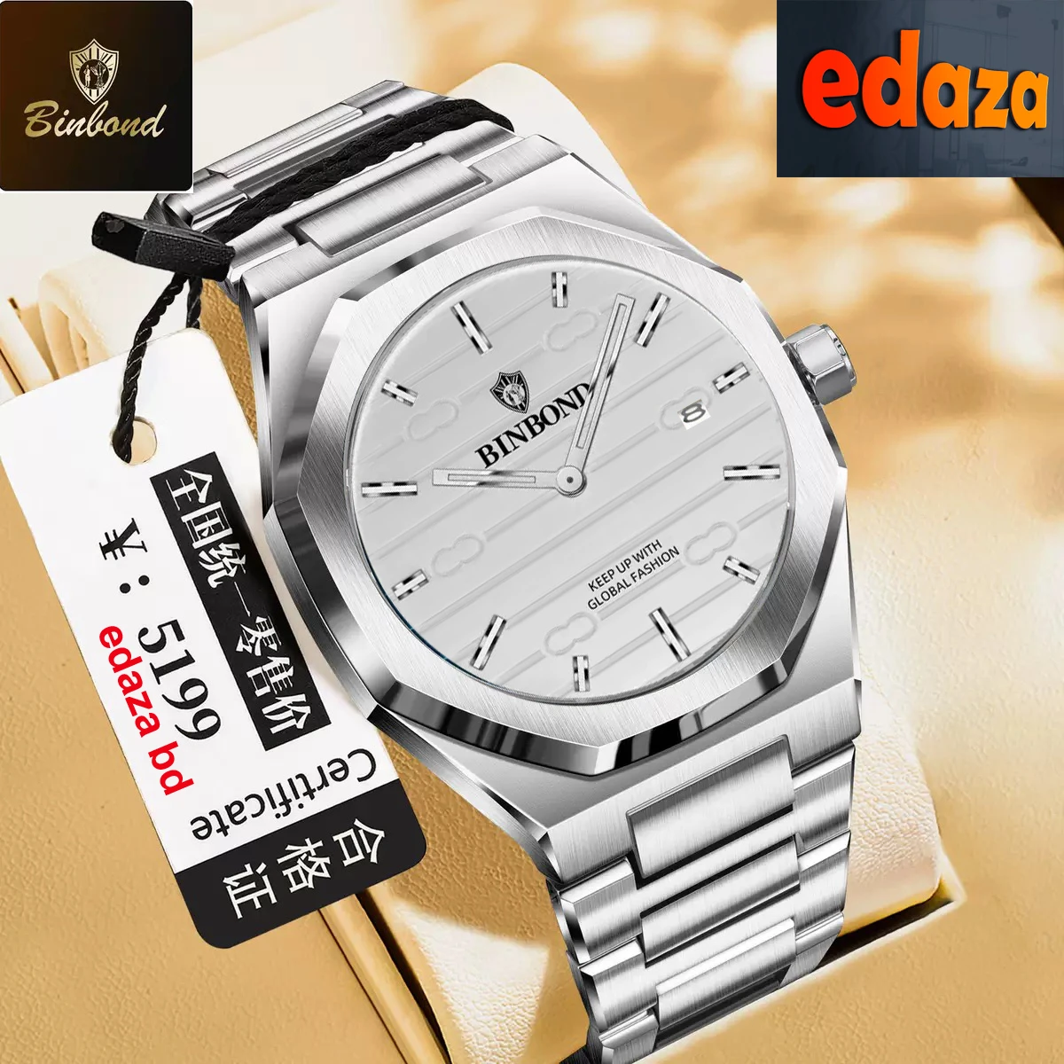 BINBOND 818 Brand Casual Men's Quartz Watch Octagonal Waterproof Night Light Luxurious And Fashionable Men's Quartz Watch- Silver