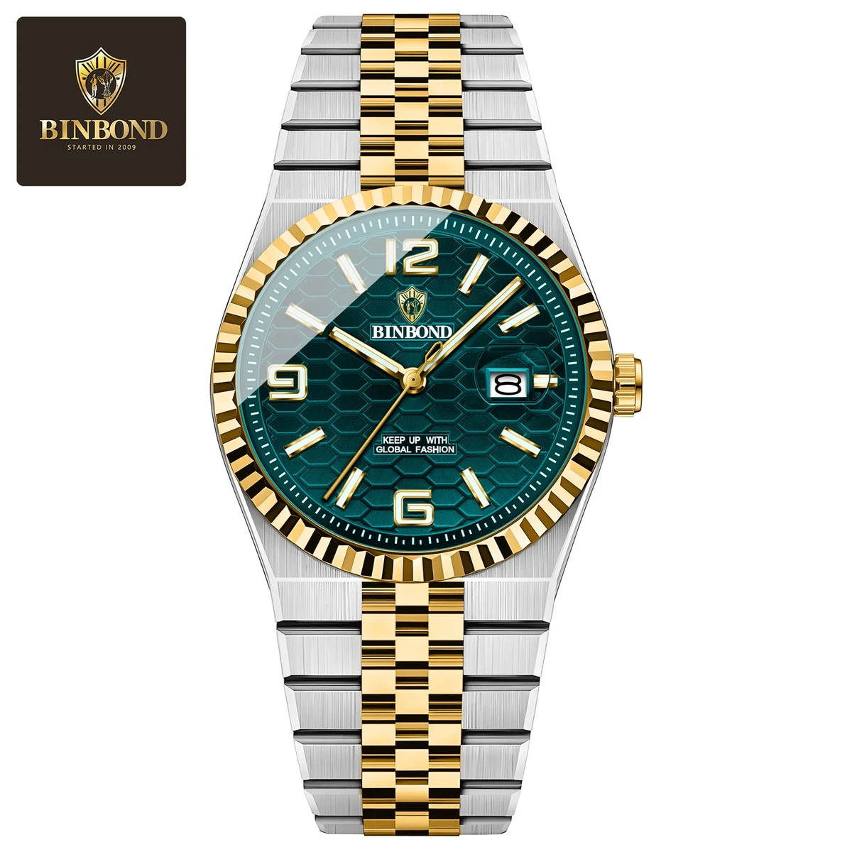 Binbond V0057 Men's Watch Brand Authentic blue Business Steel Belt Calendar Night Light Waterproof Male Fashion Quartz Clock Wristwatches- Green & Golden