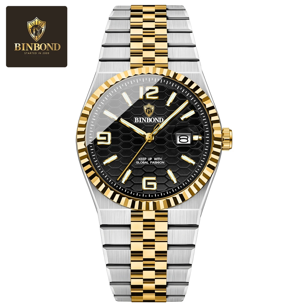 Binbond V0057 Men's Watch Brand Authentic blue Business Steel Belt Calendar Night Light Waterproof Male Fashion Quartz Clock Wristwatches- Golden & Black