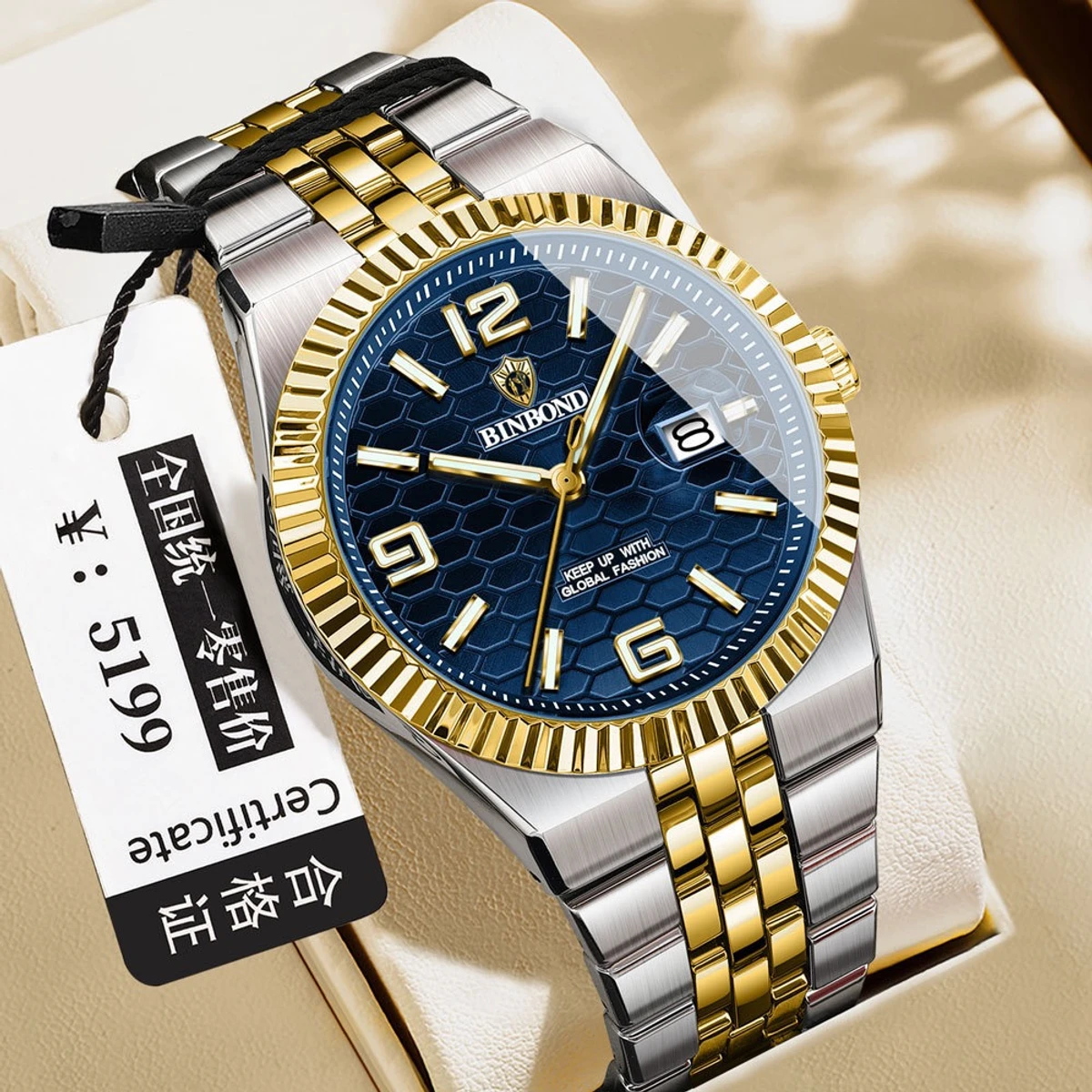 Binbond V0057 Men's Watch Brand Authentic blue Business Steel Belt Calendar Night Light Waterproof Male Fashion Quartz Clock Wristwatches-Blue & Golden