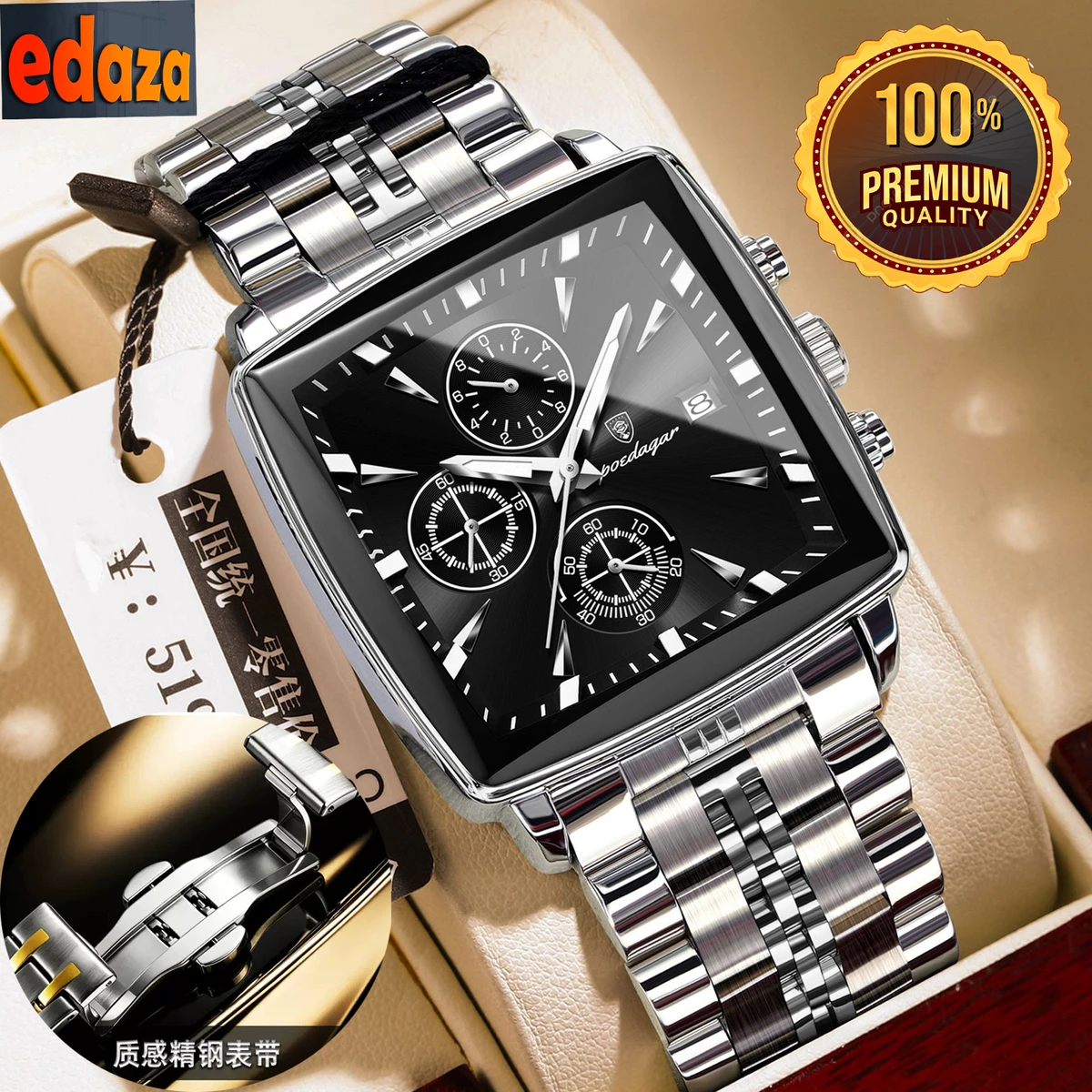 POEDAGAR 866 Luxury Business Man Wristwatch Non active Chronograph Waterproof Luminous Calendar Watch For Men Square Quartz Men's Watches - Silver & Black
