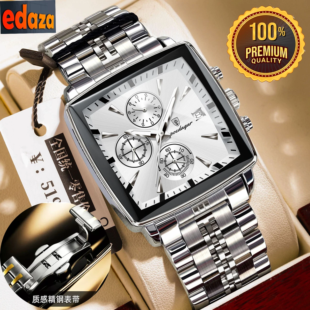 POEDAGAR 866 Luxury Business Man Wristwatch Non active Chronograph Waterproof Luminous Calendar Watch For Men Square Quartz Men's Watches - Silver
