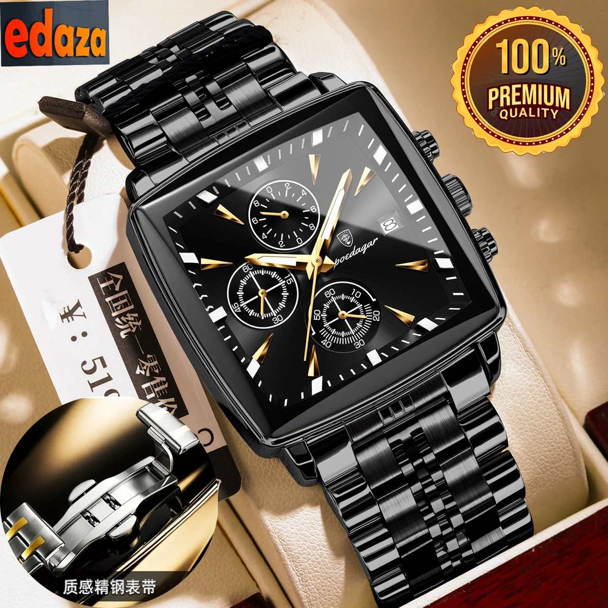POEDAGAR 866 Luxury Business Man Wristwatch Non active Chronograph Waterproof Luminous Calendar Watch For Men Square Quartz Men's Watches - Black