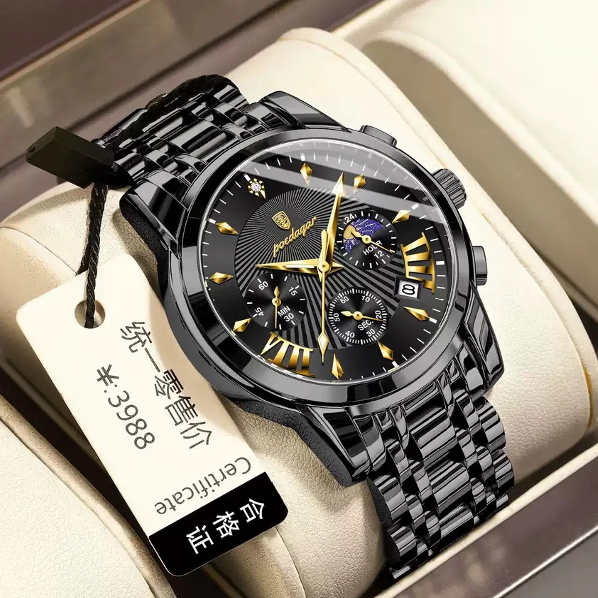 POEDAGAR 813 POEDAGAR Luxury Fashion Watch Men Waterproof Luminous Date non active Chronograph Watches Man Quartz Military Stainless Steel Men's Watches-Black