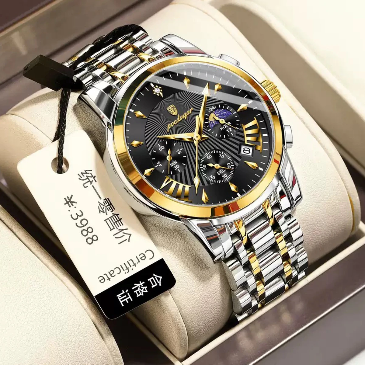 POEDAGAR 813 POEDAGAR Luxury Fashion Watch Men Waterproof Luminous Date non active Chronograph Watches Man Quartz Military Stainless Steel Men's Watches-Golden & Black