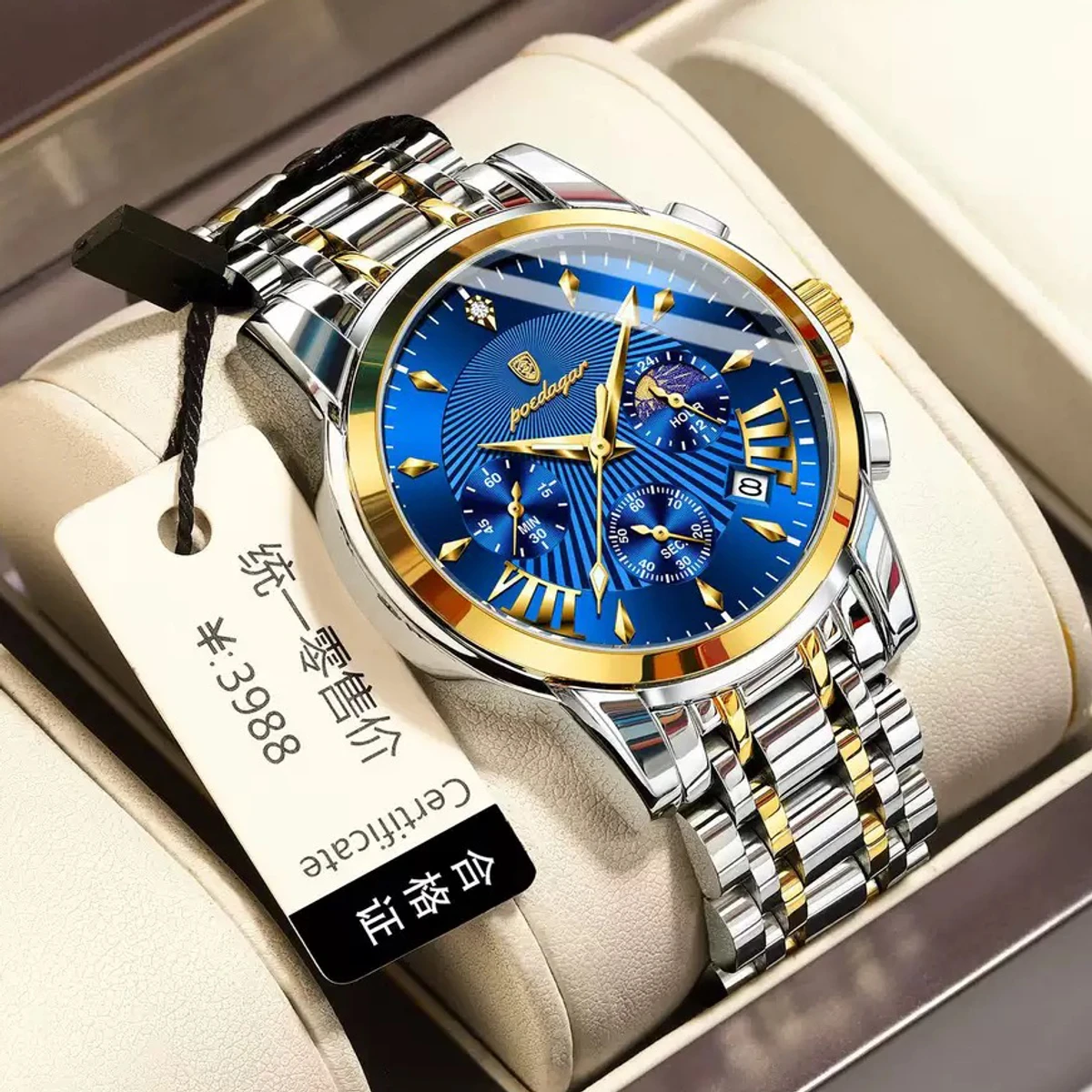 POEDAGAR 813 POEDAGAR Luxury Fashion Watch Men Waterproof Luminous Date non active Chronograph Watches Man Quartz Military Stainless Steel Men's Watches-Blue & Golden