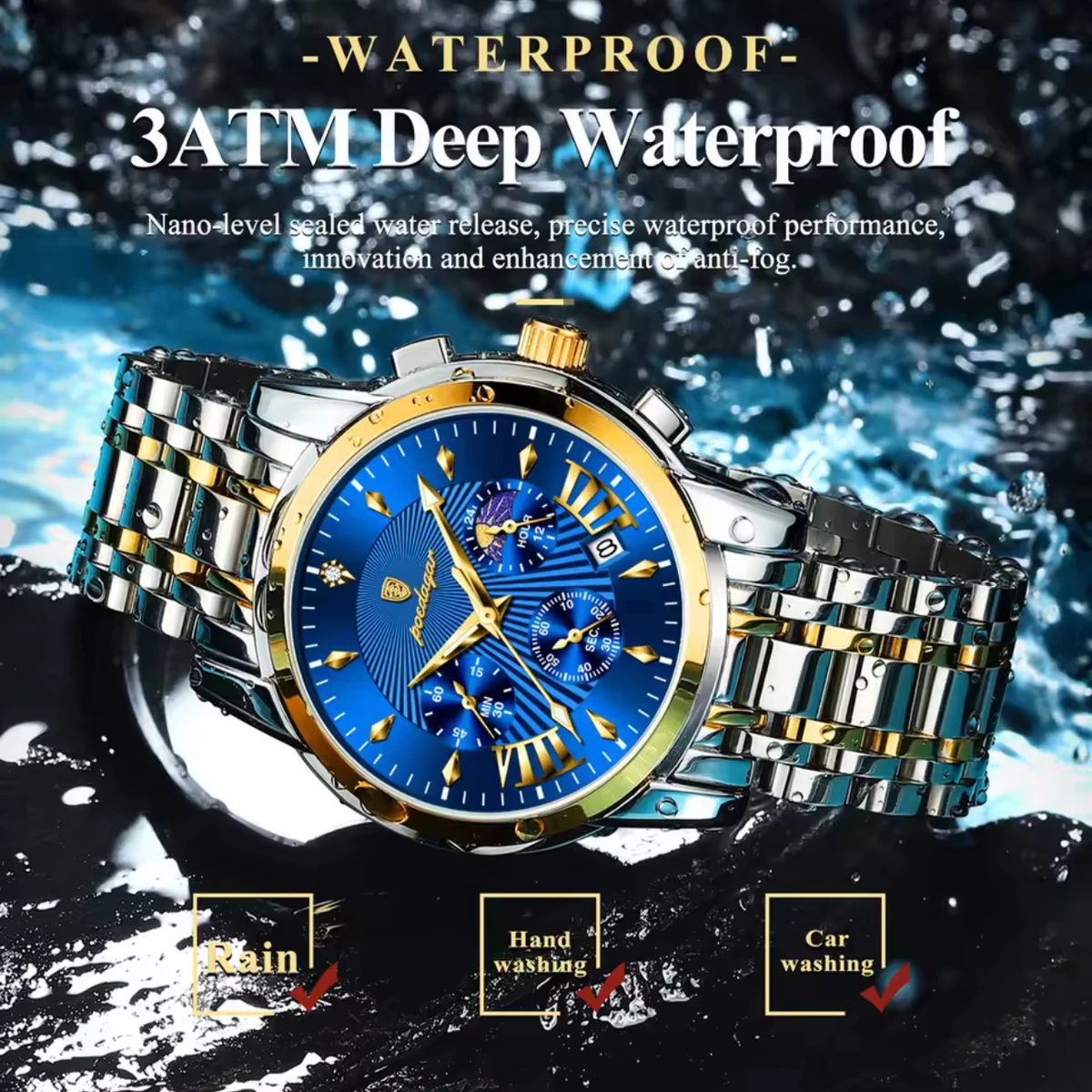 POEDAGAR 813 POEDAGAR Luxury Fashion Watch Men Waterproof Luminous Date non active Chronograph Watches Man Quartz Military Stainless Steel Men's Watches-Blue & Golden