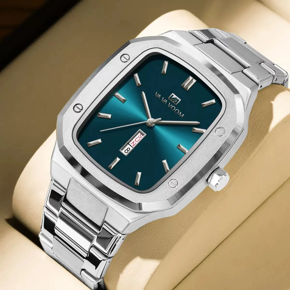 VAVA VOOM V0029 Men Watch High End Business Waterproof Creative Double Calendar High Quality Steel Strip Male Fashion Quartz Clock Watches - Silver & Blue