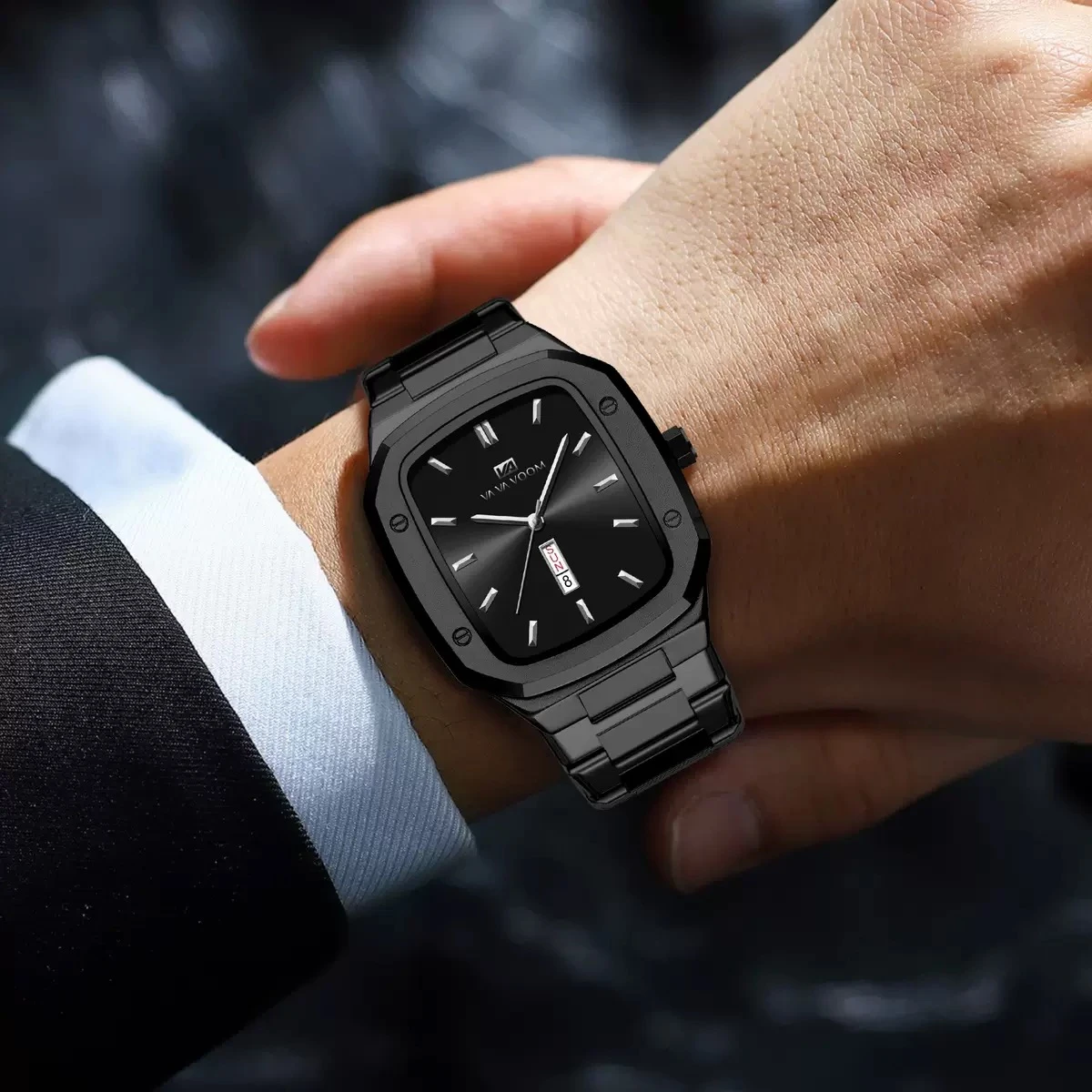 VAVA VOOM V0029 Men Watch High End Business Waterproof Creative Double Calendar High Quality Steel Strip Male Fashion Quartz Clock Watches - Black