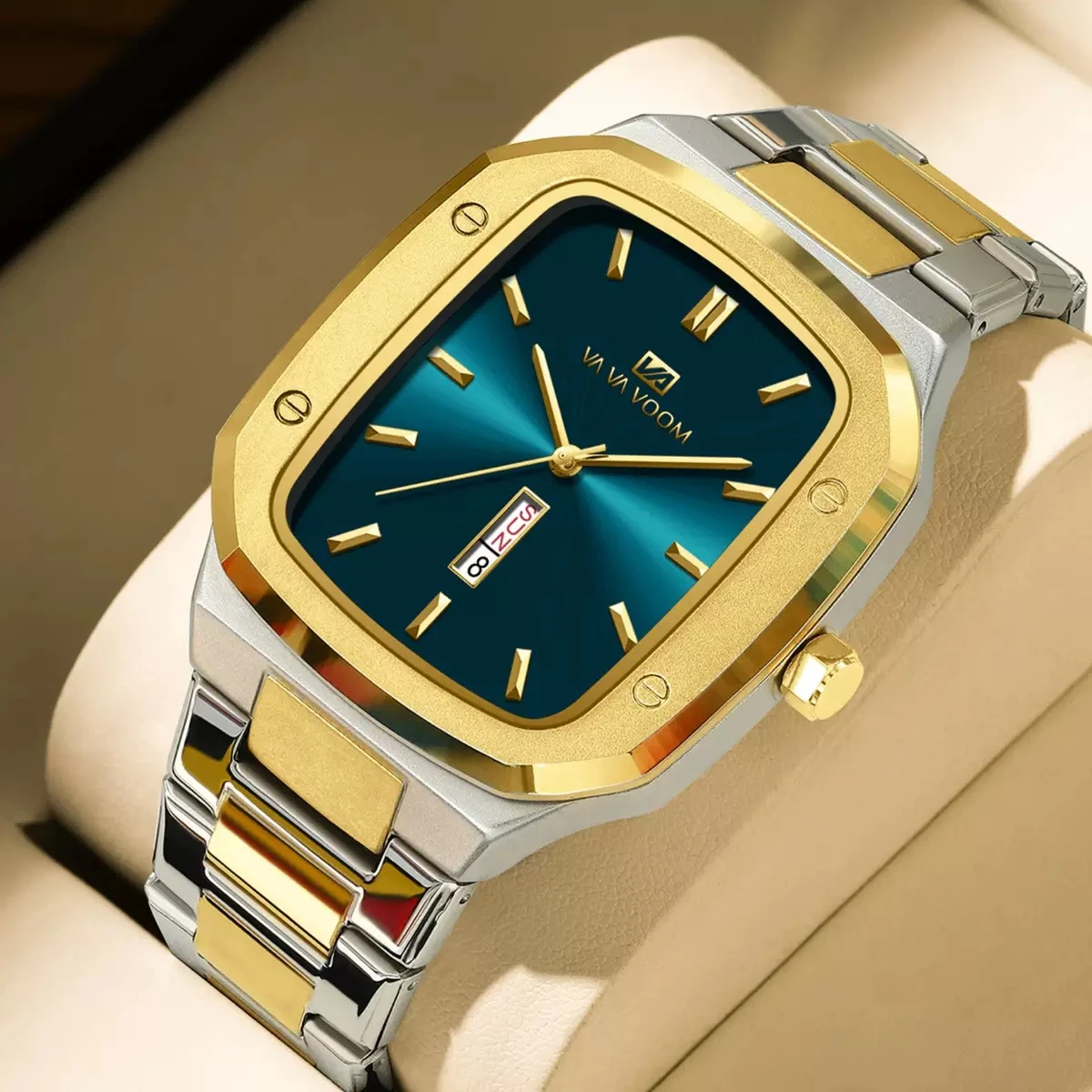 VAVA VOOM V0029 Men Watch High End Business Waterproof Creative Double Calendar High Quality Steel Strip Male Fashion Quartz Clock Watches - Golden & Blue